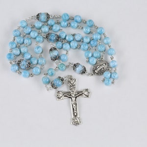 Blue Larimar Catholic Rosary, Handmade, Heirloom Rosaries Gift for Women - Bali Sterling Silver, Swarovski Crystals, Miraculous Medal Center