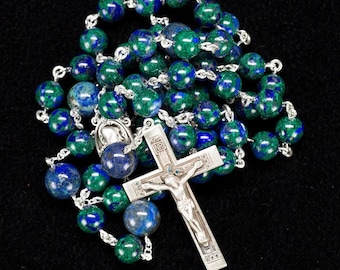Azurite Men&#39;s Rosary Beads - Handmade, Heirloom Catholic Man&#39;s Rosaries, Sacred Heart of Jesus, Sterling Silver Crucifix, Gift for Dad