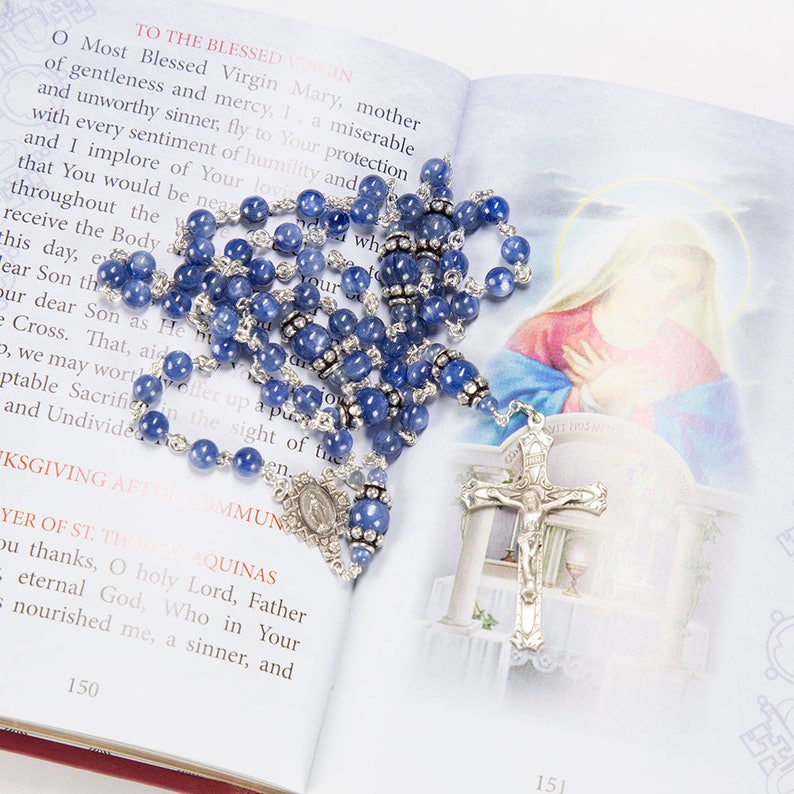 Blue Kyanite Rosary for Catholic Women Sterling Silver, Handmade, Custom, Unique, Heirloom Gift Rosaries, Ornate Miraculous Medal Center image 4