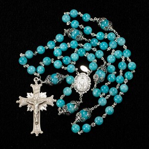 Amazonite Catholic Rosary Handmade Gift for Women Bali Sterling Silver, Ornate center Custom, Heirloom Rosaries for Confirmation image 4