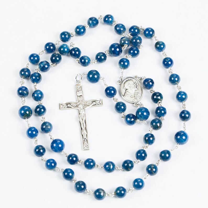 Apatite Blue Men's Catholic Rosary Beads, Apetite stones, Sacred Heart of Jesus Center, Crucifix Gift for Catholic Dads & Confirmation image 2