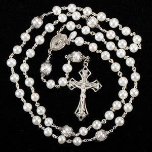 White, Freshwater Pearl Catholic Women's Rosary Handmade 5 Decade, Sterling Silver, Miraculous Center Heirloom Custom Gift for Her, Mom image 3
