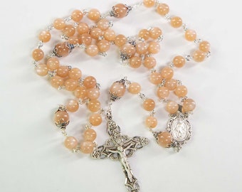 Peach Moonstone Catholic Rosary - Marcasite Silver, Our Lady of Mercy center, Ornate Crucifix - Handmade Rosary with Engraving