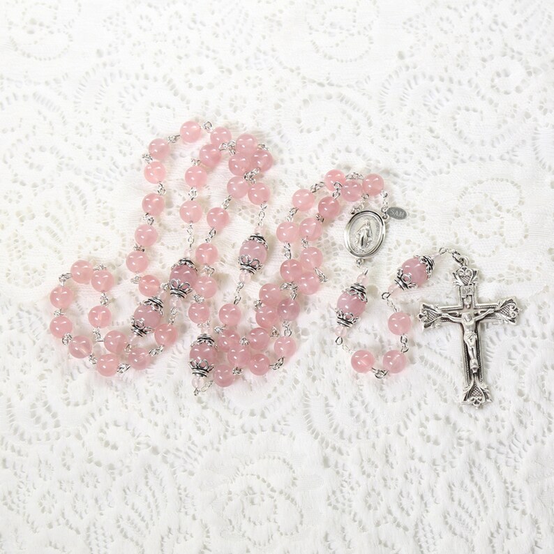 Pink Madagascar Rose Quartz Women's Rosary Handmade Gift for Her, Sterling Silver Bead Caps, Center, Crucifix Heirloom Catholic Rosaries image 1