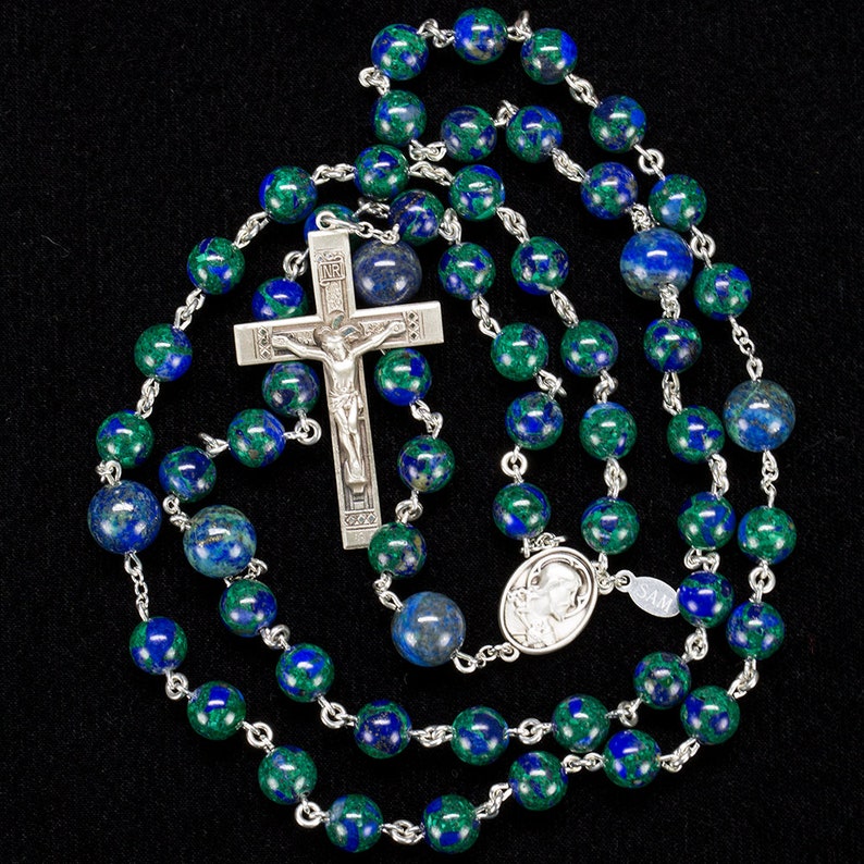 Azurite Men's Rosary Beads Handmade, Heirloom Catholic Man's Rosaries, Sacred Heart of Jesus, Sterling Silver Crucifix, Gift for Dad image 5