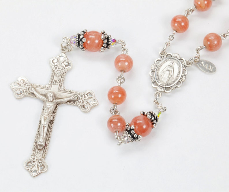 Rhodochrosite Swarovski Crystal Catholic Rosary Handmade Gift for Women Sterling Silver, Miraculous Medal Custom Heirloom Rosaries image 3