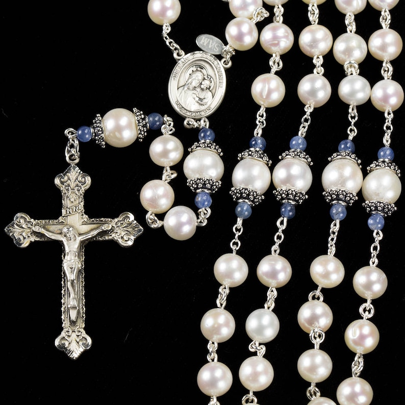 Mother of Mary Mantle Rosary Freshwater Pearls & Kyanite Handmade Heirloom, Unique Gift for Catholic Women and Mom, Bali Sterling Silver image 3