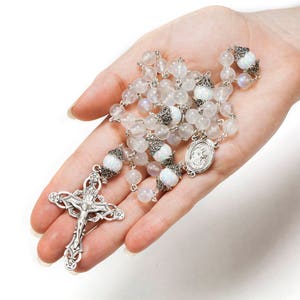 Rainbow Moonstone Women's Rosary Marcasite Silver, Our Lady of Mercy center, Ornate Crucifix Handmade Rosary with Engraving image 5