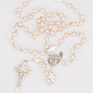 Cross Shaped Pearl Woman's Rosary Handmade with Freshwater Pearls, Sterling Silver and Ornate Crucifix. Rosaries Gift for Catholic Women image 4
