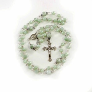 Dainty Green Jade Stone Rosary Beads for Catholic Women & Mom - Sterling Silver, Miraculous Medal, Handmade, Unique, Custom Heirloom Gift