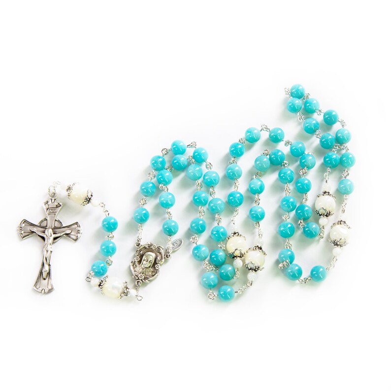 Amazonite, Mother of Pearl Women's Rosary Handmade Gift with Bali Sterling Silver & Madonna Center Unique, Heirloom Catholic Rosaries image 2