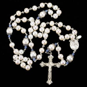 Mother of Mary Mantle Rosary Freshwater Pearls & Kyanite Handmade Heirloom, Unique Gift for Catholic Women and Mom, Bali Sterling Silver image 1