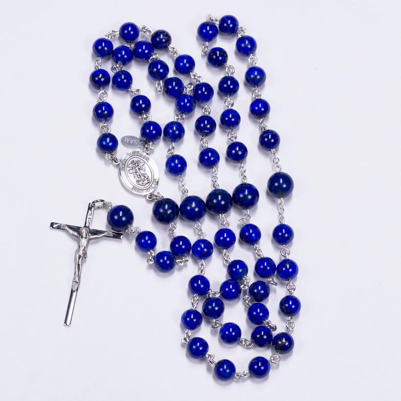 Blue Lapis Catholic Rosary Handmade, Heirloom Custom Rosaries St. Michael Archangel Center, Simple Crucifix Gifts for Men or Dad image 4