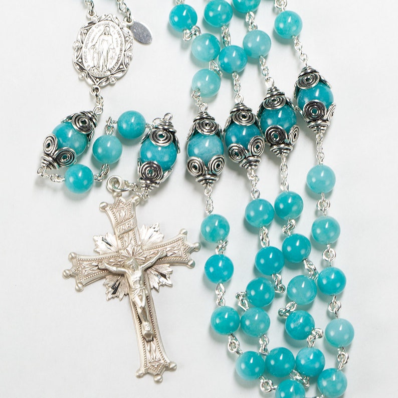 Amazonite Catholic Rosary Handmade Gift for Women Bali Sterling Silver, Ornate center Custom, Heirloom Rosaries for Confirmation image 3