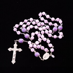 Kunzite Opal Catholic Womens Rosary Handmade 5 Decade Rosaries, Sterling Silver, Miraculous Center, Ornate Crucifix Heirloom image 2