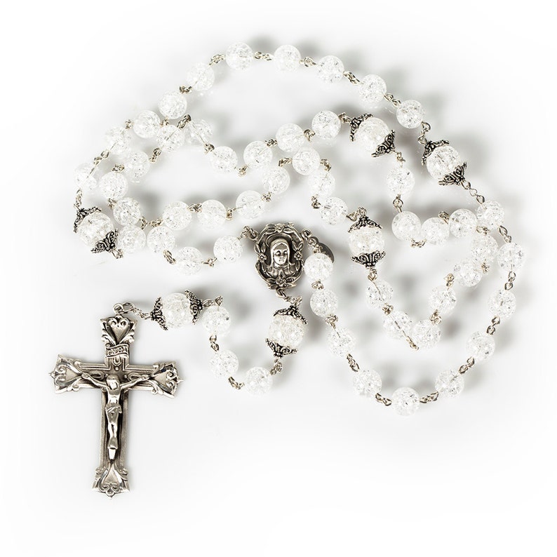 Cracked Crystal Catholic Rosary Handmade Gift for Women, Madonna Center, Ornate Crucifix, Bali Sterling Silver Unique, Heirloom Rosaries image 3