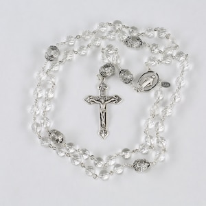 Crystal Quartz Catholic Women&#39;s Rosary, Sterling Bali Silver, Miraculous Medal, Ornate Crucifix, Handmade, Heirloom, Custom Rosaries for Mom