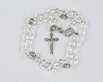 Crystal Quartz Catholic Women's Rosary, Sterling Bali Silver, Miraculous Medal, Ornate Crucifix, Handmade, Heirloom, Custom Rosaries for Mom