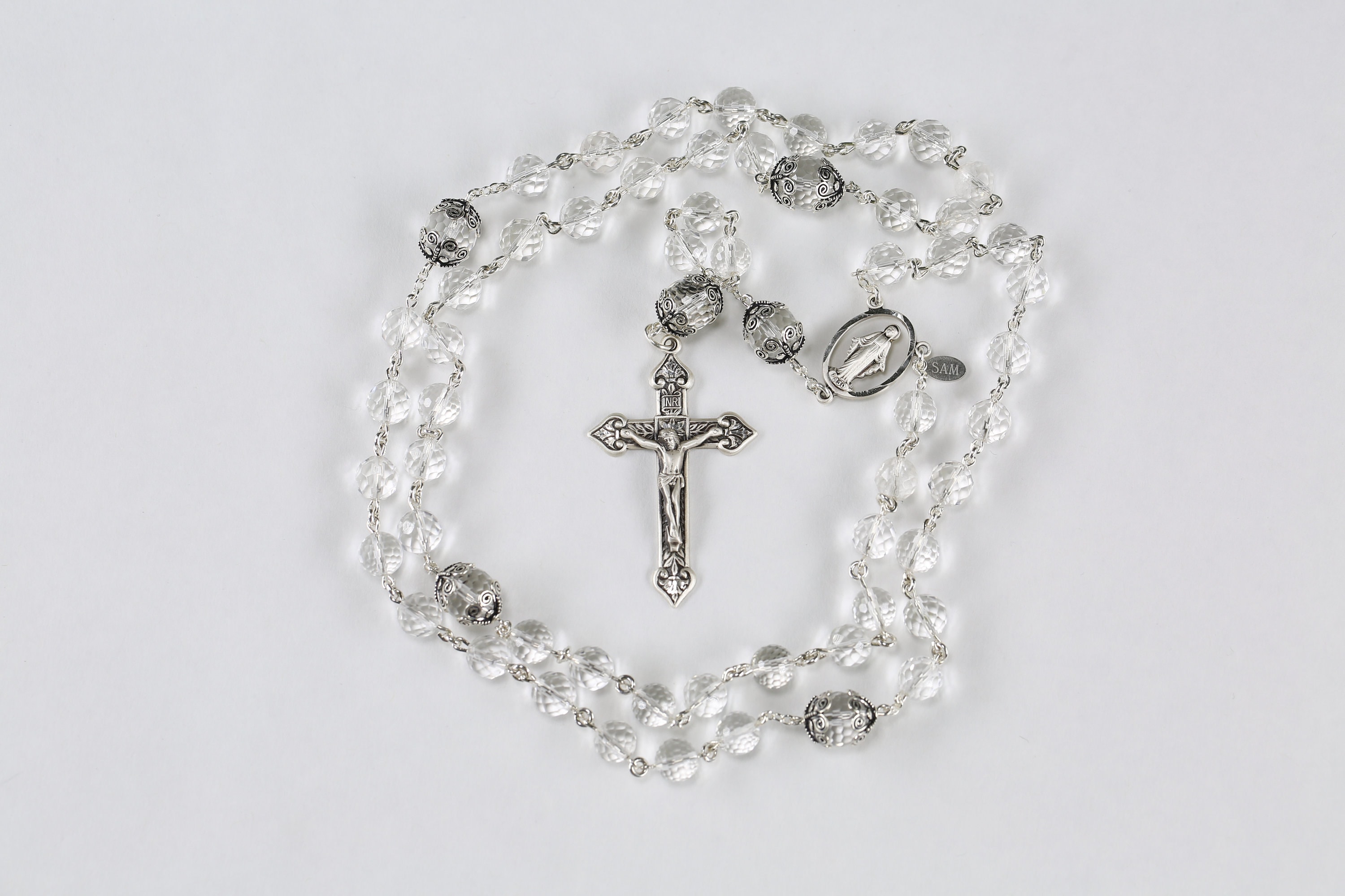 Crystal Quartz Catholic Women's Rosary, Sterling Bali Silver, Miraculous Medal, Ornate Crucifix, Handmade, Heirloom, Custom Rosaries for Mom
