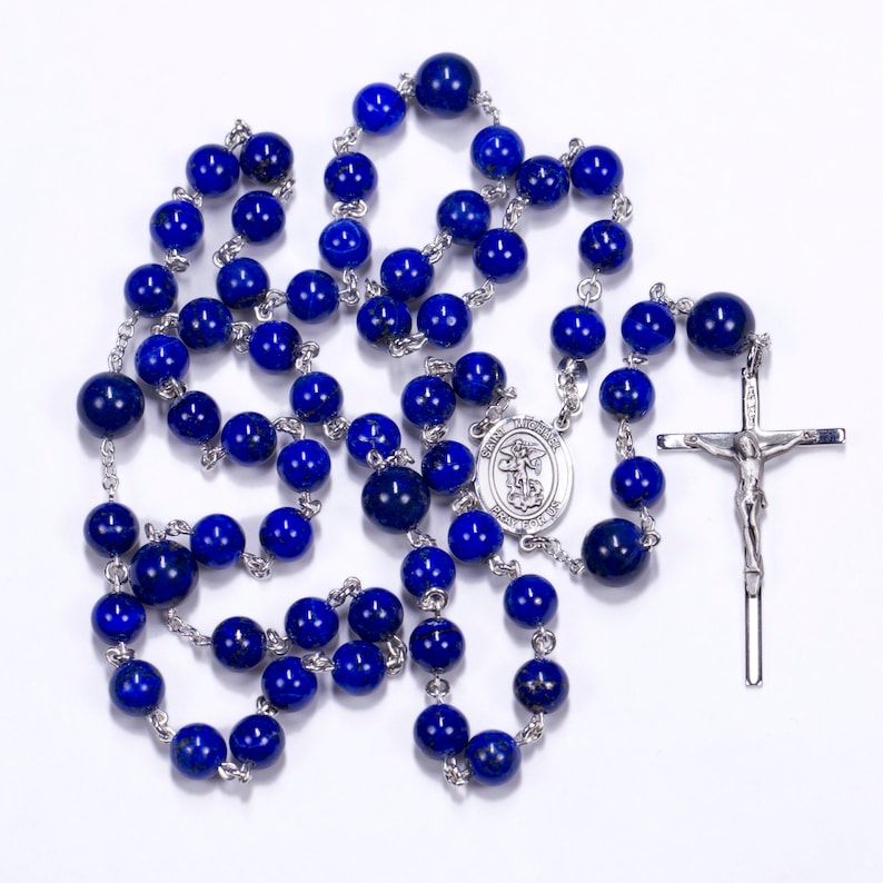 Blue Lapis Catholic Rosary Handmade, Heirloom Custom Rosaries St. Michael Archangel Center, Simple Crucifix Gifts for Men or Dad image 1