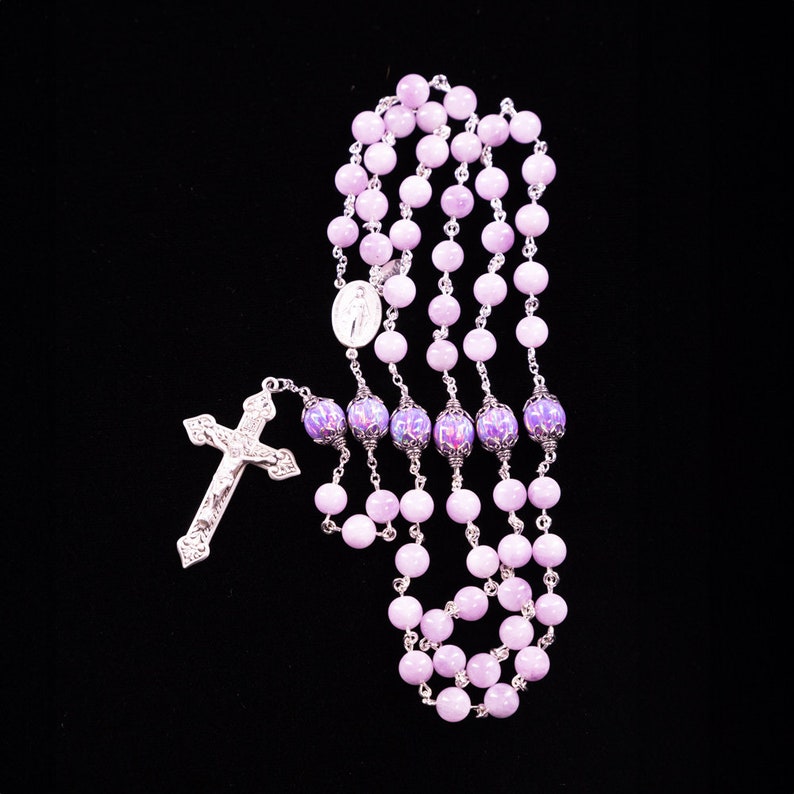 Kunzite Opal Catholic Womens Rosary Handmade 5 Decade Rosaries, Sterling Silver, Miraculous Center, Ornate Crucifix Heirloom image 4