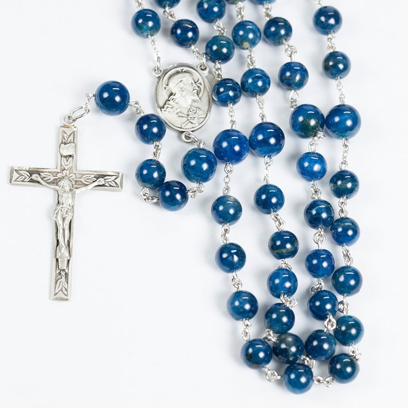 Apatite Blue Men's Catholic Rosary Beads, Apetite stones, Sacred Heart of Jesus Center, Crucifix Gift for Catholic Dads & Confirmation image 1