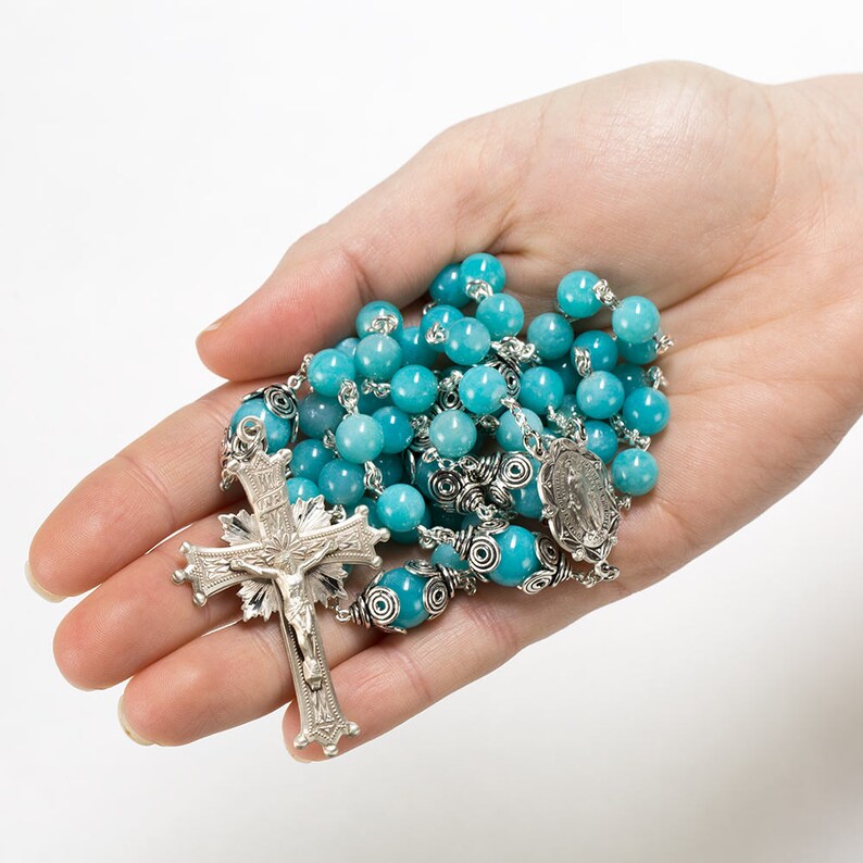 Amazonite Catholic Rosary Handmade Gift for Women Bali Sterling Silver, Ornate center Custom, Heirloom Rosaries for Confirmation image 5