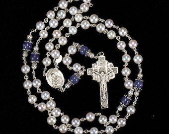 Tanzanite & Pearl Rosary for Catholic Women - Handmade Heirloom - Freshwater Pearls, Sterling Silver, Mater Dolorosa Center, Ornate Crucifix