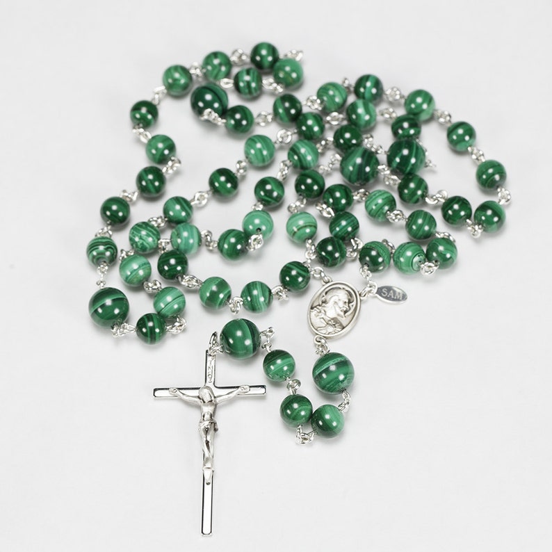 Green Malachite Rosary for Catholic Men Handmade Rosaries with Malachite Stone Beads, Sacred Heart of Jesus, Crucifix Gift for Him, Dad image 2