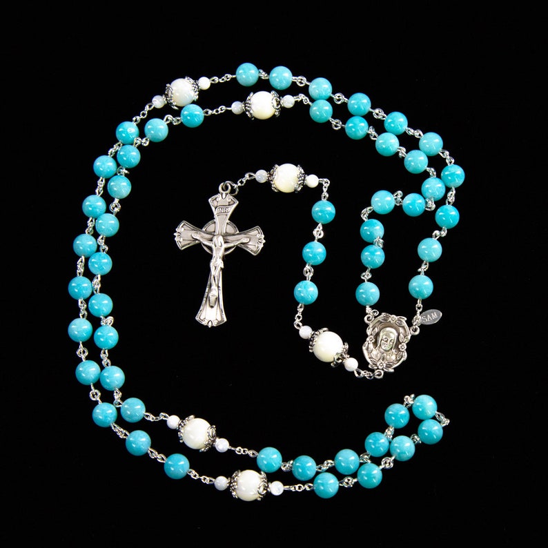 Amazonite, Mother of Pearl Women's Rosary Handmade Gift with Bali Sterling Silver & Madonna Center Unique, Heirloom Catholic Rosaries image 4