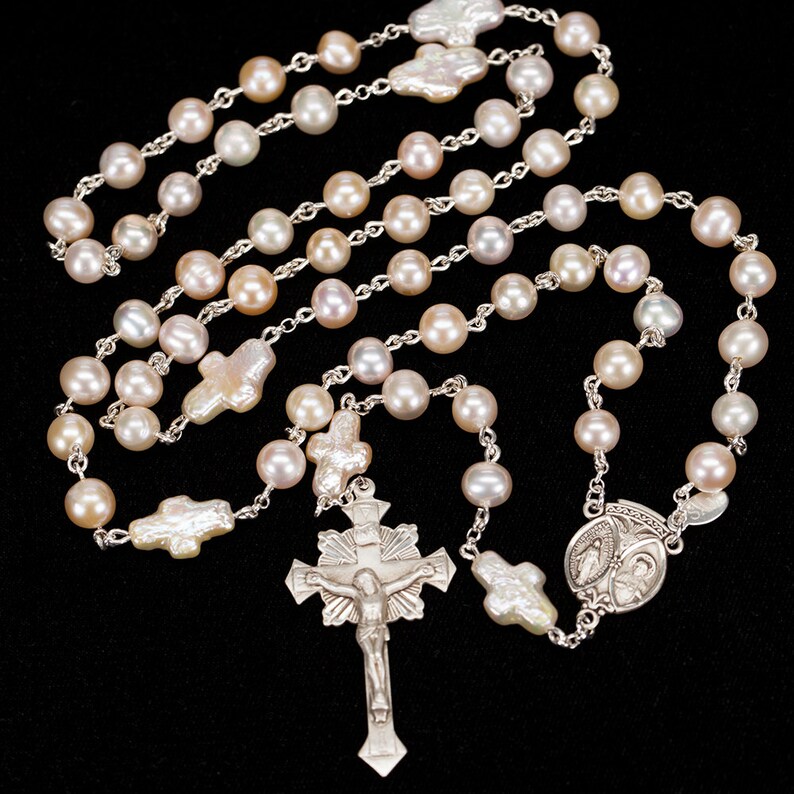 Cross Shaped Pearl Woman's Rosary Handmade with Freshwater Pearls, Sterling Silver and Ornate Crucifix. Rosaries Gift for Catholic Women image 2