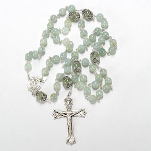 Green Aquamarine Catholic Rosary - Handmade, Heirloom Gift for Women - Ornate Sterling Silver Beads, Miraculous Medal - Unique, Custom