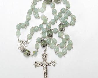 Green Aquamarine Catholic Rosary - Handmade, Heirloom Gift for Women - Ornate Sterling Silver Beads, Miraculous Medal - Unique, Custom