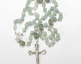 Green Aquamarine Catholic Rosary - Handmade, Heirloom Gift for Women - Ornate Sterling Silver Beads, Miraculous Medal - Unique, Custom