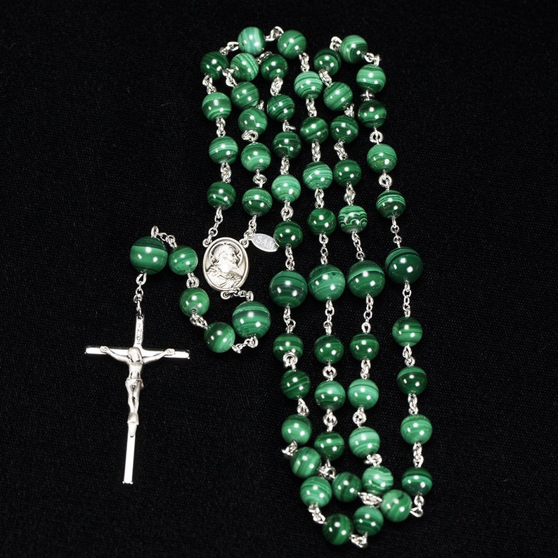 Green Malachite Rosary for Catholic Men Handmade Rosaries with Malachite Stone Beads, Sacred Heart of Jesus, Crucifix Gift for Him, Dad image 4