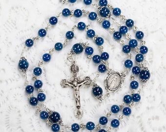 Blue Apatite Catholic Rosary - Handmade Heirloom Gift for Women - Sterling Silver, Miraculous Medal center, Crucifix - Unique Rosary beads