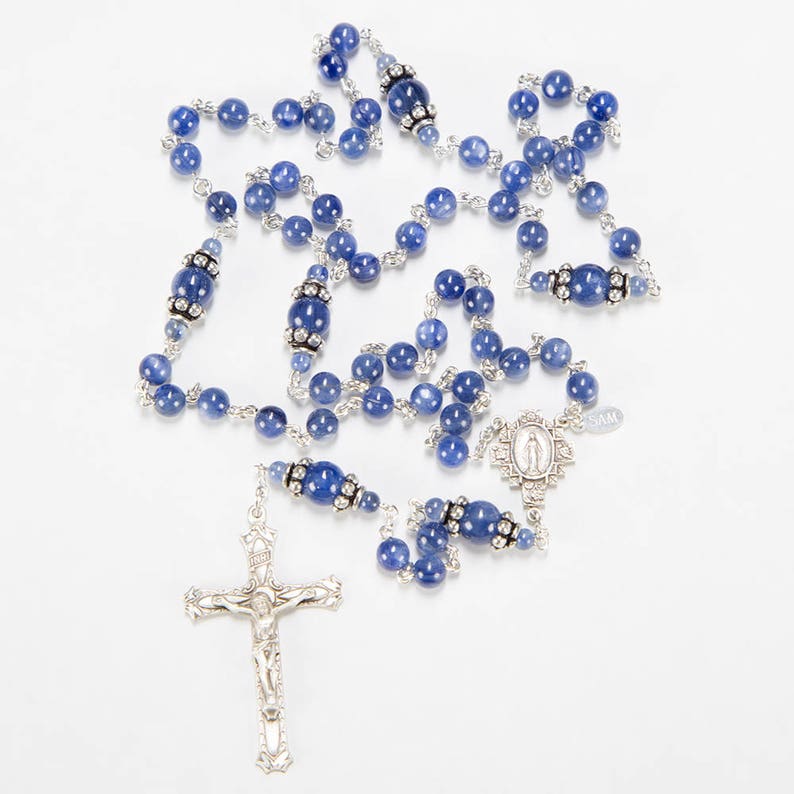 Blue Kyanite Rosary for Catholic Women Sterling Silver, Handmade, Custom, Unique, Heirloom Gift Rosaries, Ornate Miraculous Medal Center image 2