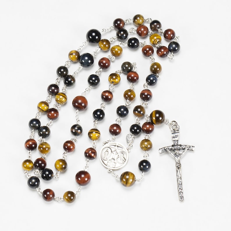 Tigers Eye Catholic Men's Rosary Handmade, Custom Rosaries, Multi-Color Tiger Eye Beads, Sterling Silver, John Paul Crucifix, Gift for Him image 1