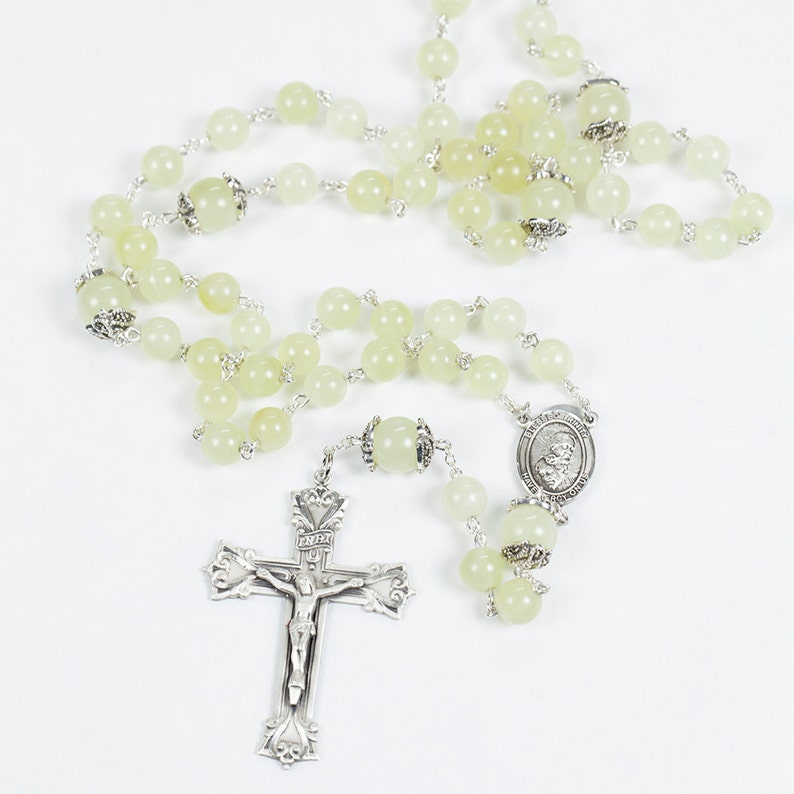 New Jade Catholic Womens Rosary Handmade with Pale Yellow Green Stones, Marcasite Bead Caps and Blessed Trinity Center. Heirloom Rosaries image 4