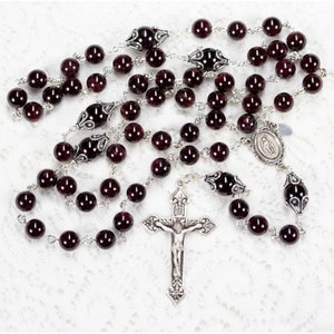 Garnet Women&#39;s Catholic Rosary Handmade with Sterling Silver Bead Caps & Miraculous Medal Center - Custom, Heirloom Rosaries Gift for Women
