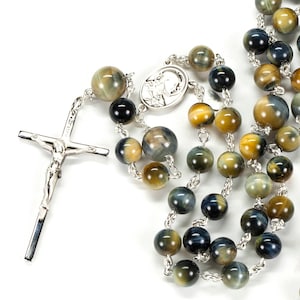 Tiger&#39;s Eye Men&#39;s Rosary - Handmade, Catholic Gift for Dad, Rosaries, Rare, Fancy Colored Tiger Eye Stones, Sterling Silver, Simple Crucifix