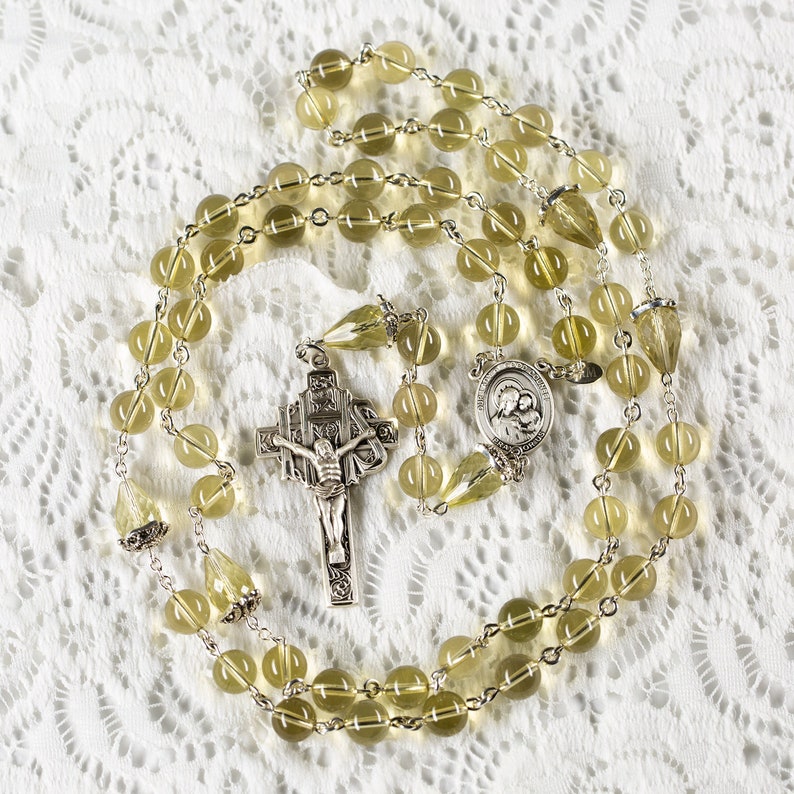 Lemon Quartz Catholic Rosary Handmade Gift, Marcasite Sterling Silver, Our Lady of Good Counsel Center Heirloom, Custom, Unique Rosaries image 4