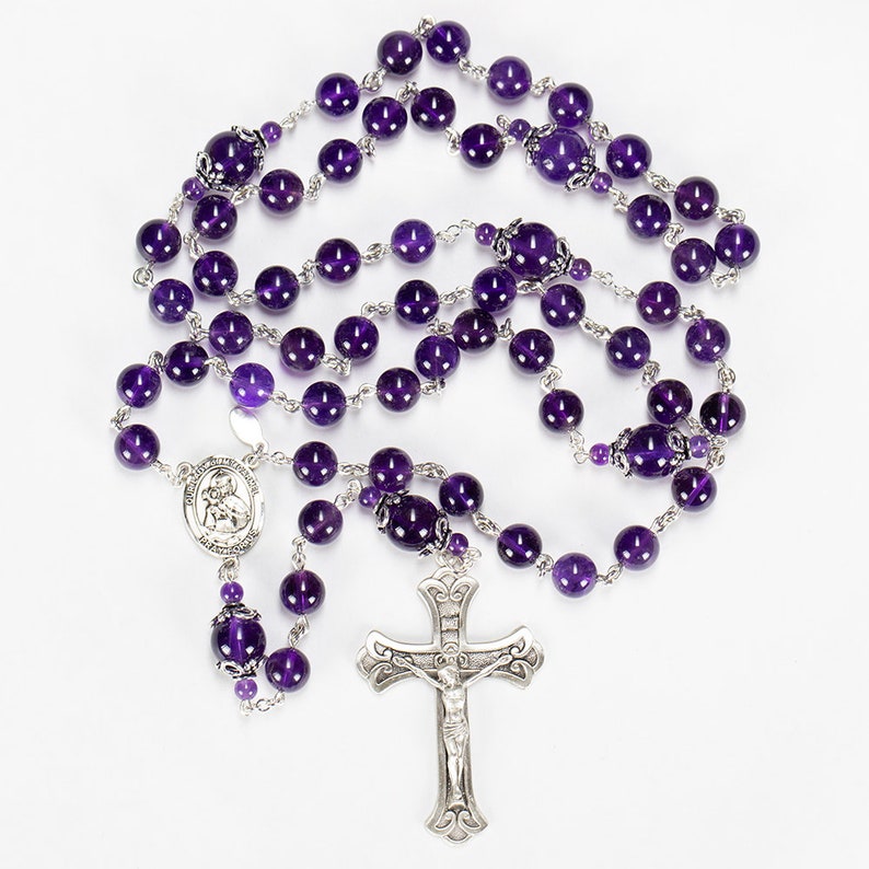 Amethyst Catholic Women's Rosary Bali Sterling Silver, Miraculous Medal, Gemstone Handmade, Heirloom, Custom Rosaries, Gift for Mom image 2