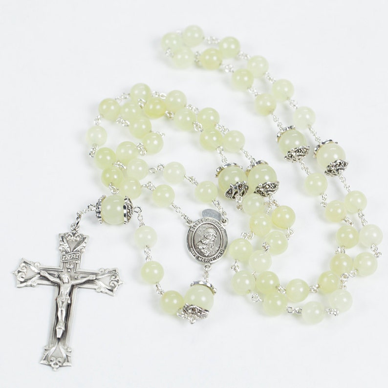 New Jade Catholic Womens Rosary Handmade with Pale Yellow Green Stones, Marcasite Bead Caps and Blessed Trinity Center. Heirloom Rosaries image 3