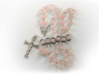 Pink Morganite & Opal Women's Rosary - Handmade Gift for Her, Sterling Silver Bead Caps, Center, Crucifix - Heirloom Catholic Rosaries