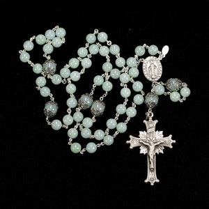 Green Jade Stone Rosary Beads, Catholic Women & Mothers, Sterling Silver, Miraculous Medal, Handmade, Unique, Custom Heirloom Gift for Mom image 1