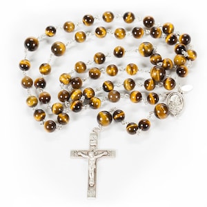 Tiger&#39;s Eye Rosary for Catholic Men - Handmade Rosaries with Tiger Eye Stone Beads, Sterling Silver Center and Simple Crucifix for Dad
