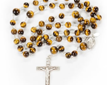 Tiger&#39;s Eye Rosary for Catholic Men - Handmade Rosaries with Tiger Eye Stone Beads, Sterling Silver Center and Simple Crucifix for Dad