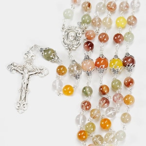 Quartz Rosary for Catholic Women - Handmade Gift, Multi-Colored Stones, Madonna Center, Baroque Crucifix, Sterling Silver - Vintage Heirloom