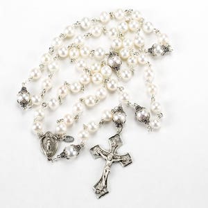 White, Freshwater Pearl Catholic Women's Rosary Handmade 5 Decade, Sterling Silver, Miraculous Center Heirloom Custom Gift for Her, Mom image 1